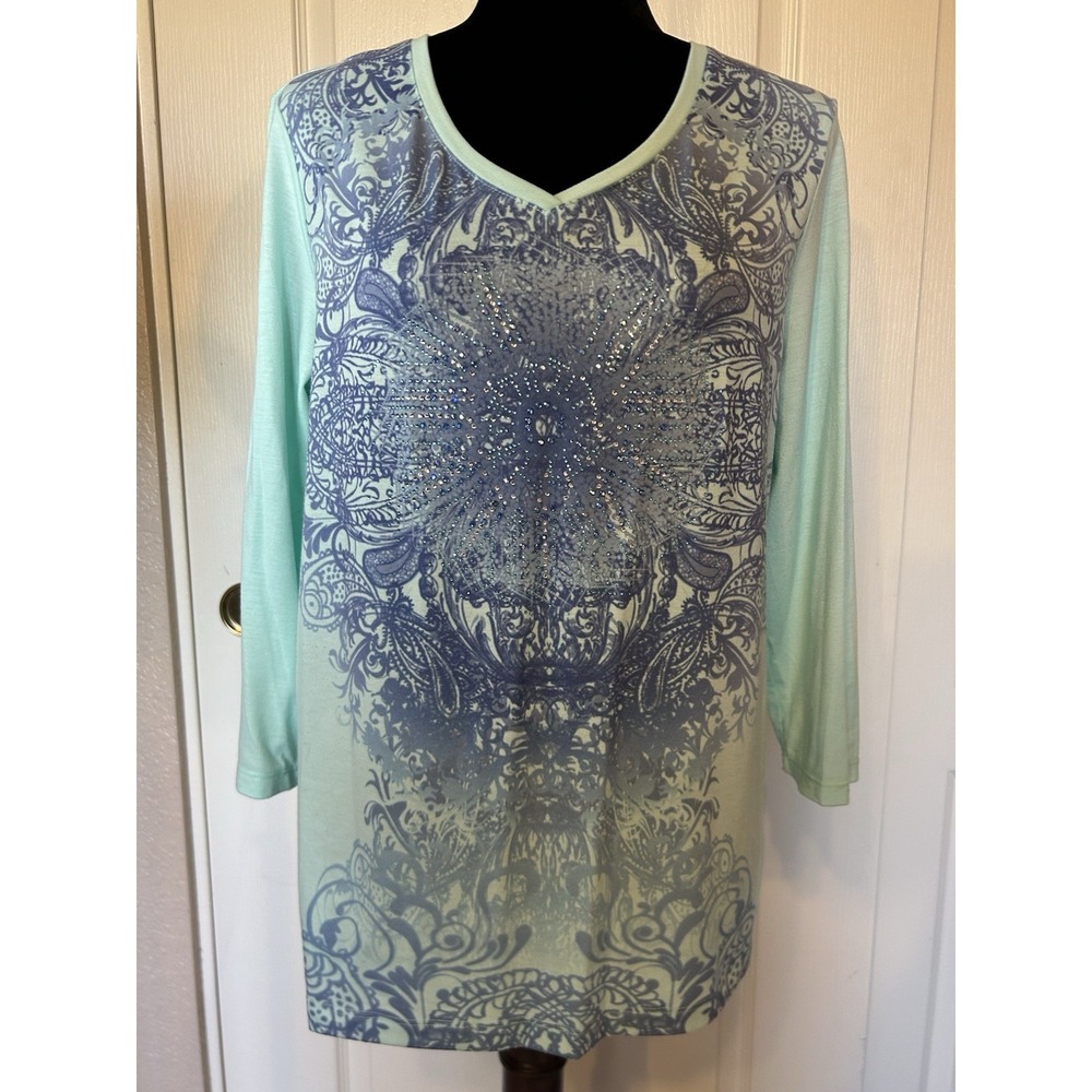 Chico's Zenergy V Neckline Rhinestone Embellished Blouse Size Large